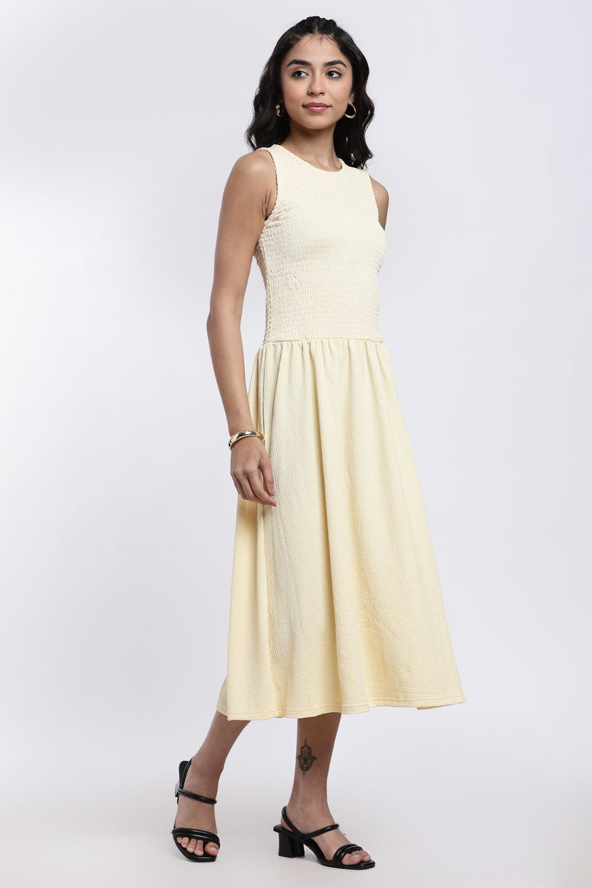 Yellow Textured Regular Fit Bodice Flared Midi Dress for Women - Image 4
