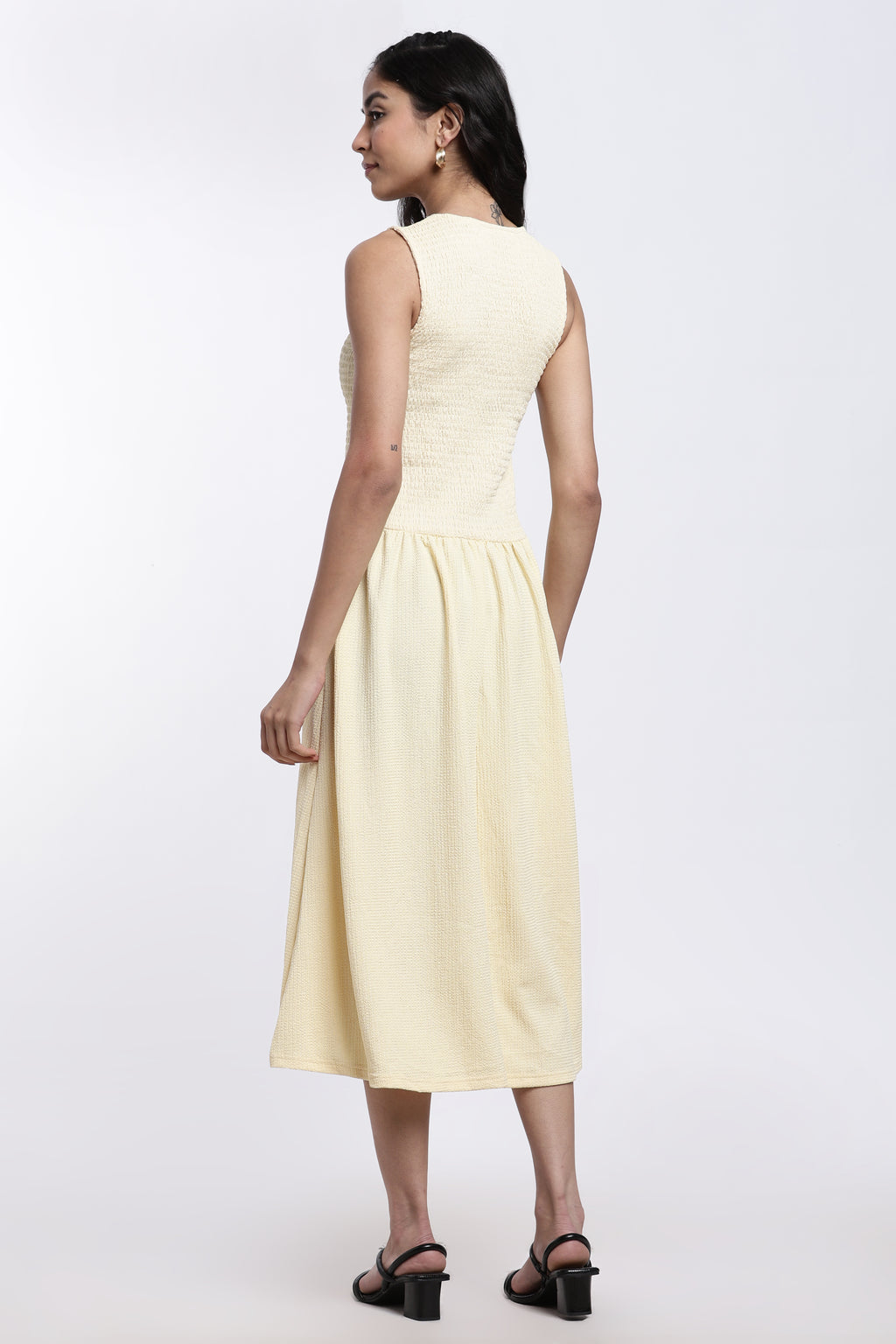 Yellow Textured Regular Fit Bodice Flared Midi Dress for Women - Image 5