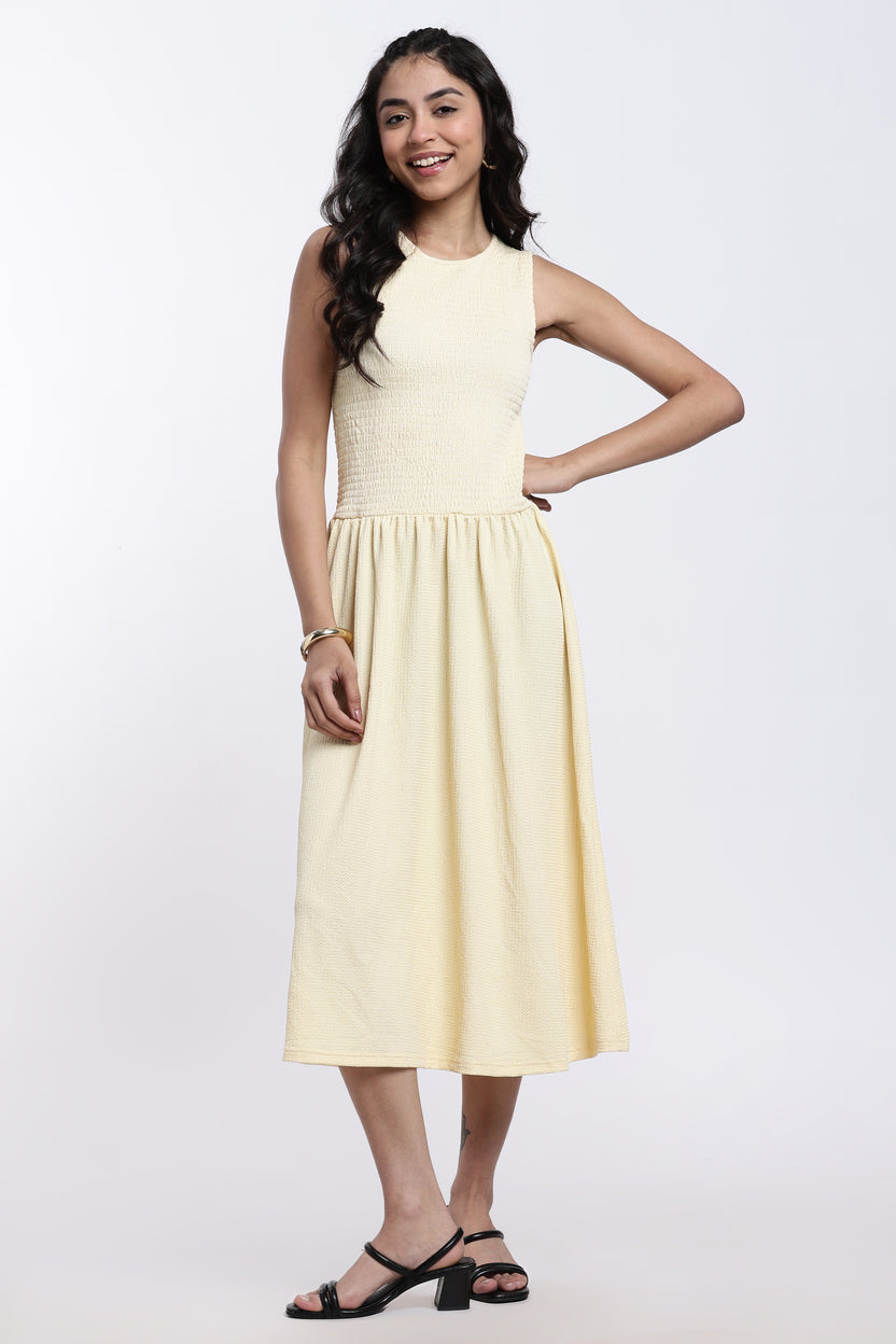 Yellow Textured Regular Fit Bodice Flared Midi Dress for Women - Image 6