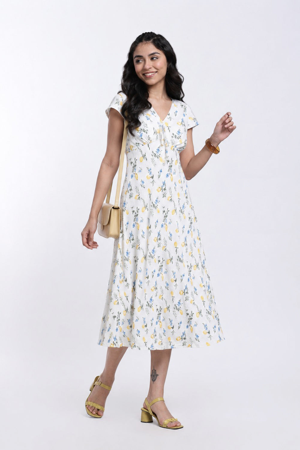 Off White Floral Design Regular Fit Dress for Women - Image 1