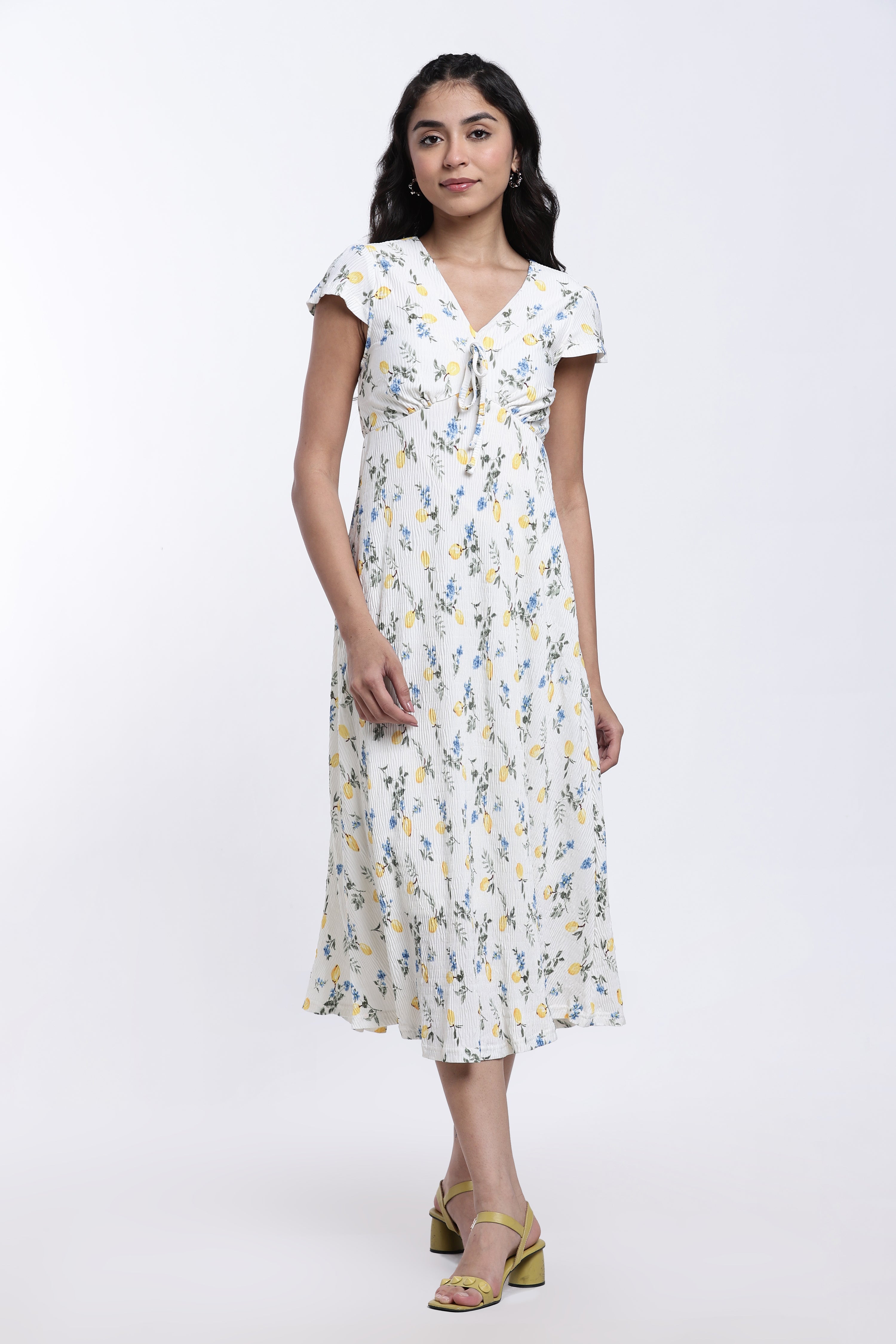 Off White Floral Design Regular Fit Dress for Women - Image 2