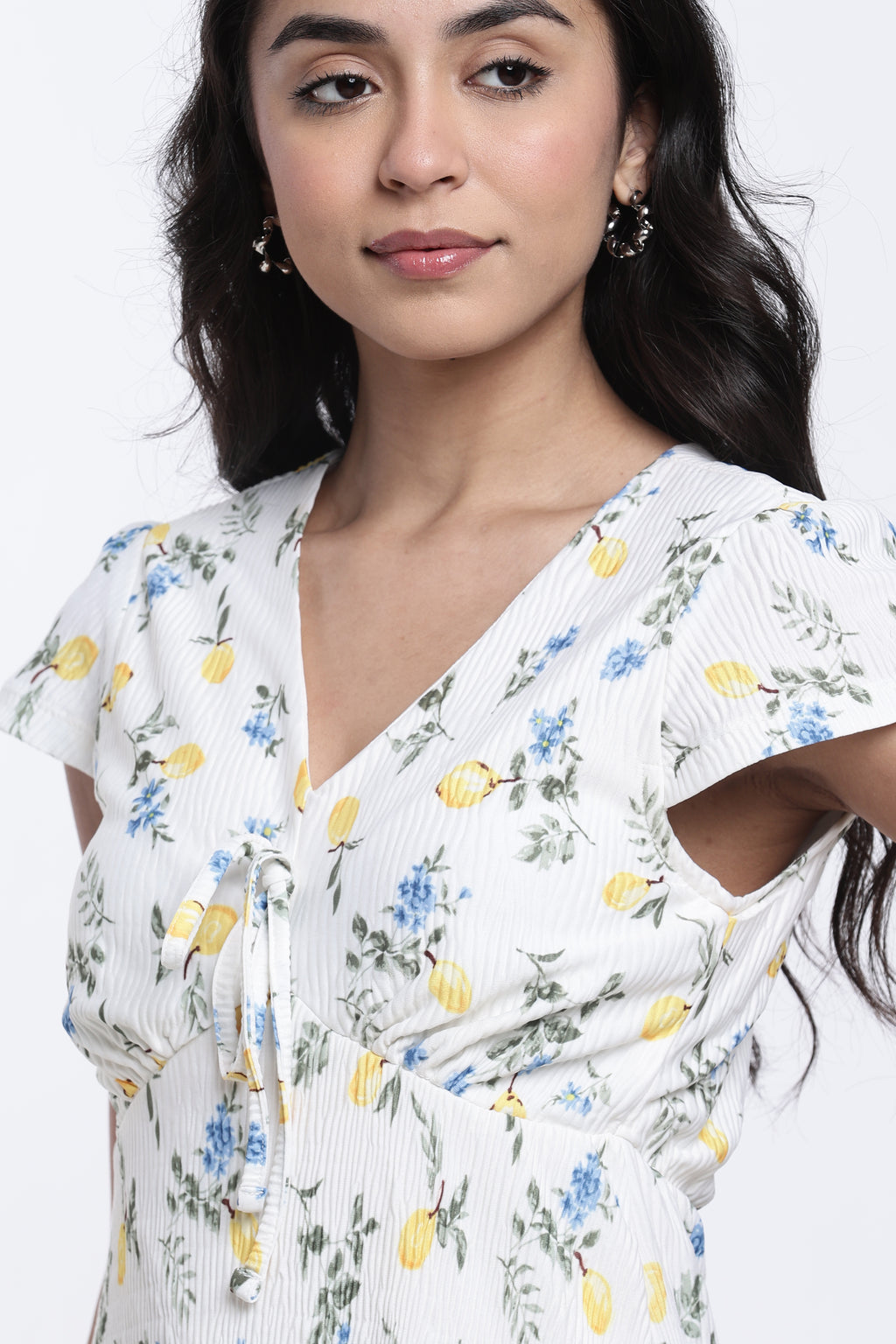 Off White Floral Design Regular Fit Dress for Women - Image 7