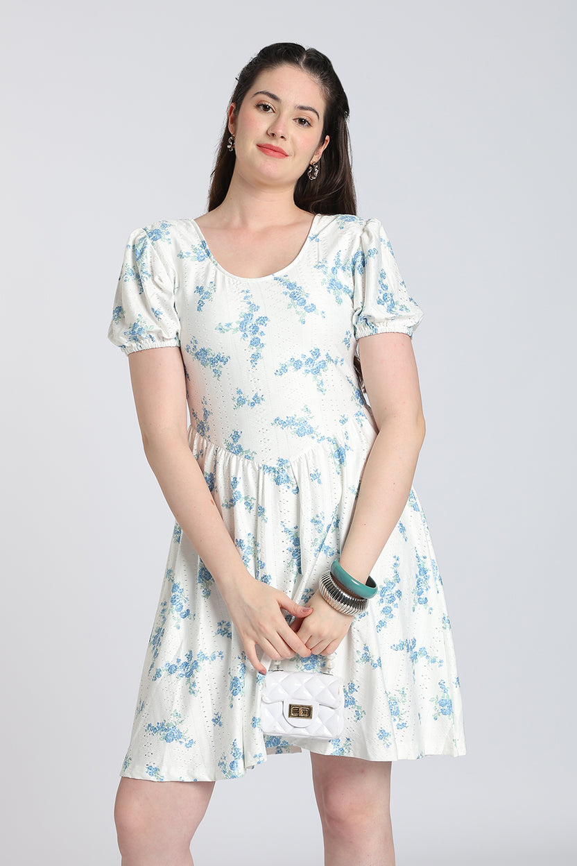 White Floral Puff Sleeves Flared Fit Dress for Women - Image 1