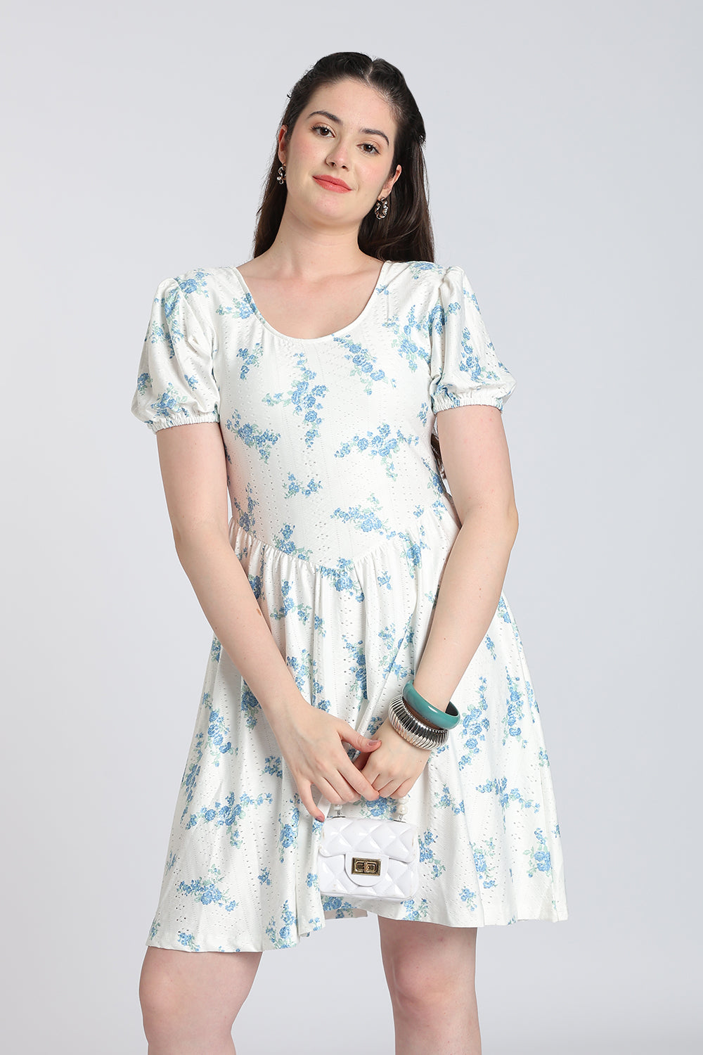 White Floral Puff Sleeves Flared Fit Dress for Women - Image 1