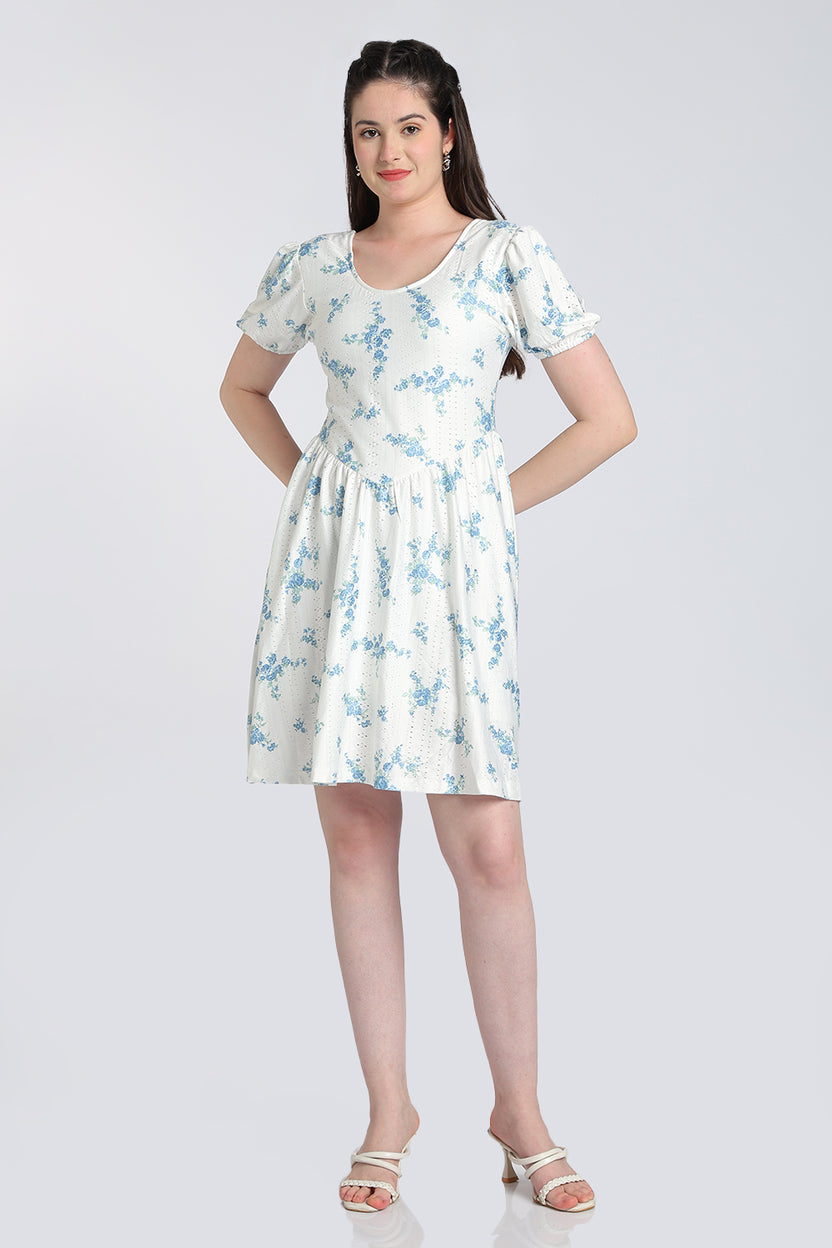 White Floral Puff Sleeves Flared Fit Dress for Women - Image 2