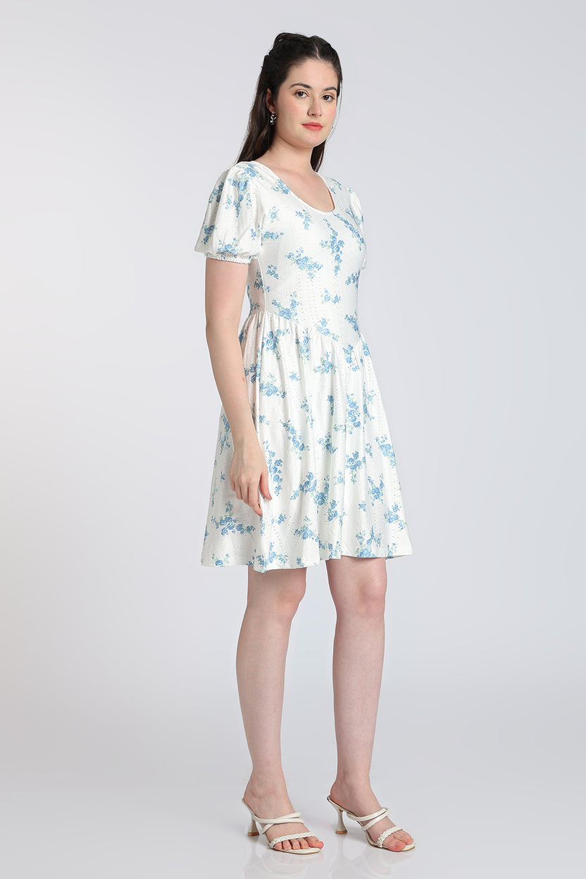 White Floral Puff Sleeves Flared Fit Dress for Women - Image 4