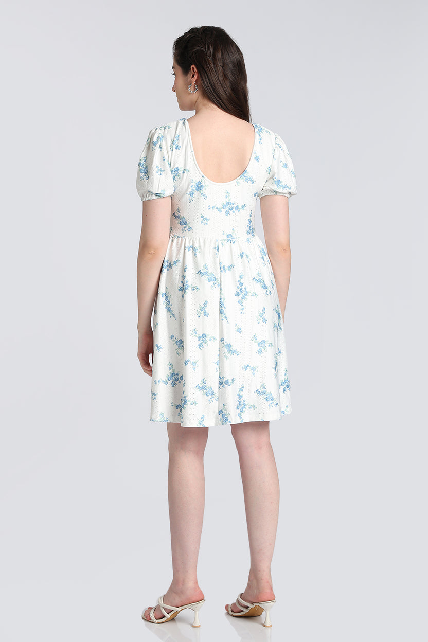 White Floral Puff Sleeves Flared Fit Dress for Women - Image 5