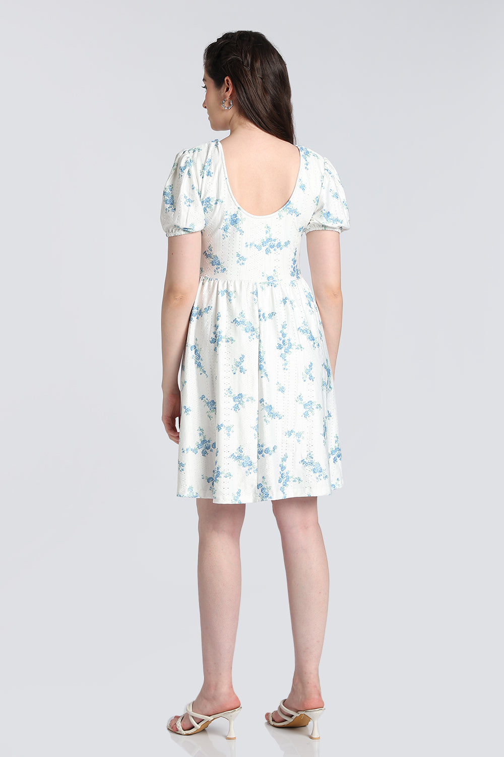 White Floral Puff Sleeves Flared Fit Dress for Women - Image 5