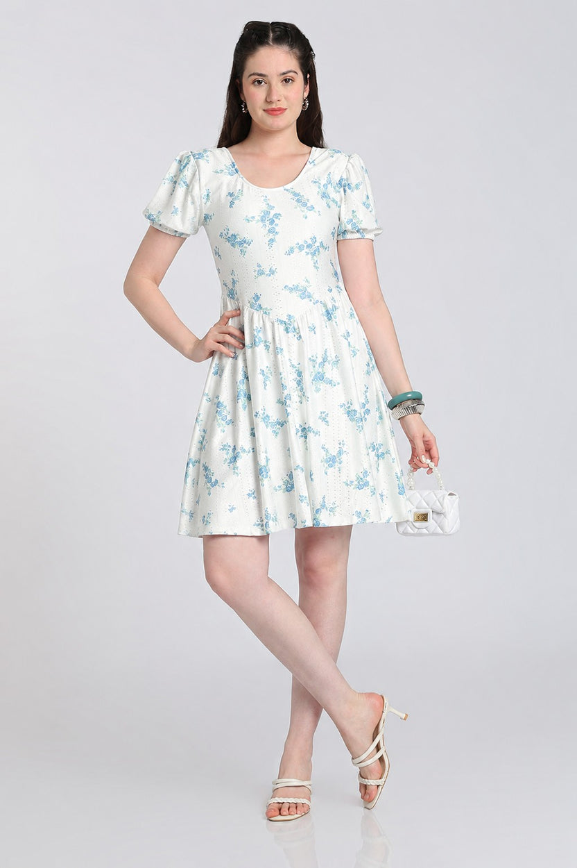 White Floral Puff Sleeves Flared Fit Dress for Women - Image 6