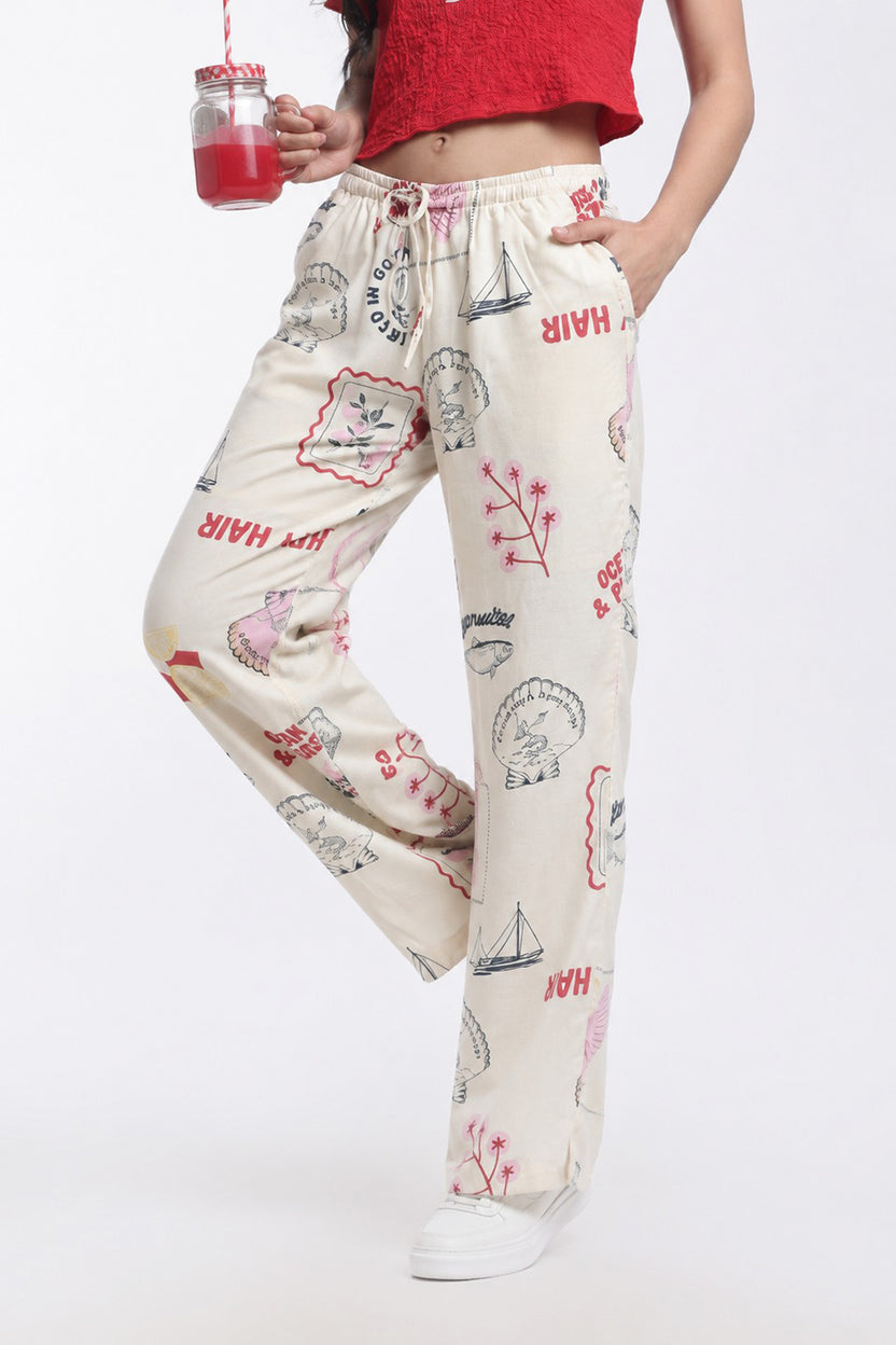 Cream Graphic Printed Regular Fit Trouser For Women - Image 1