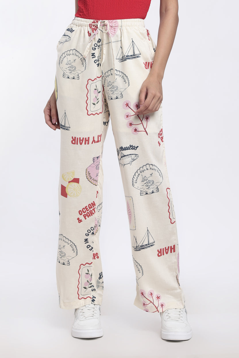Cream Graphic Printed Regular Fit Trouser For Women - Image 2