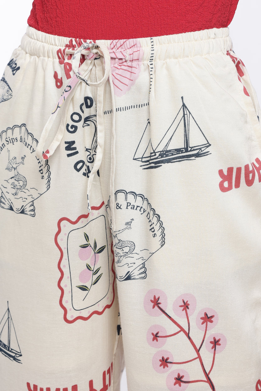 Cream Graphic Printed Regular Fit Trouser For Women - Image 7