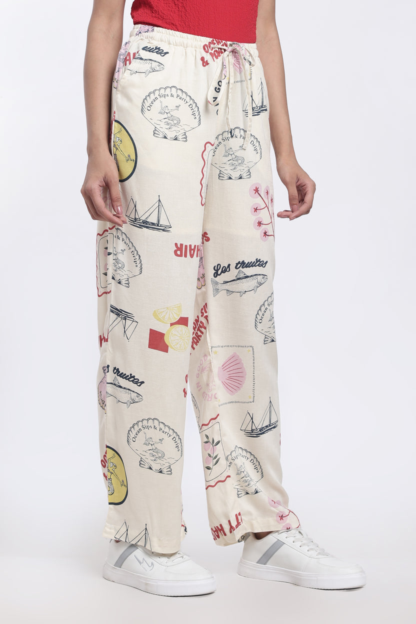 Cream Graphic Printed Regular Fit Trouser For Women - Image 4