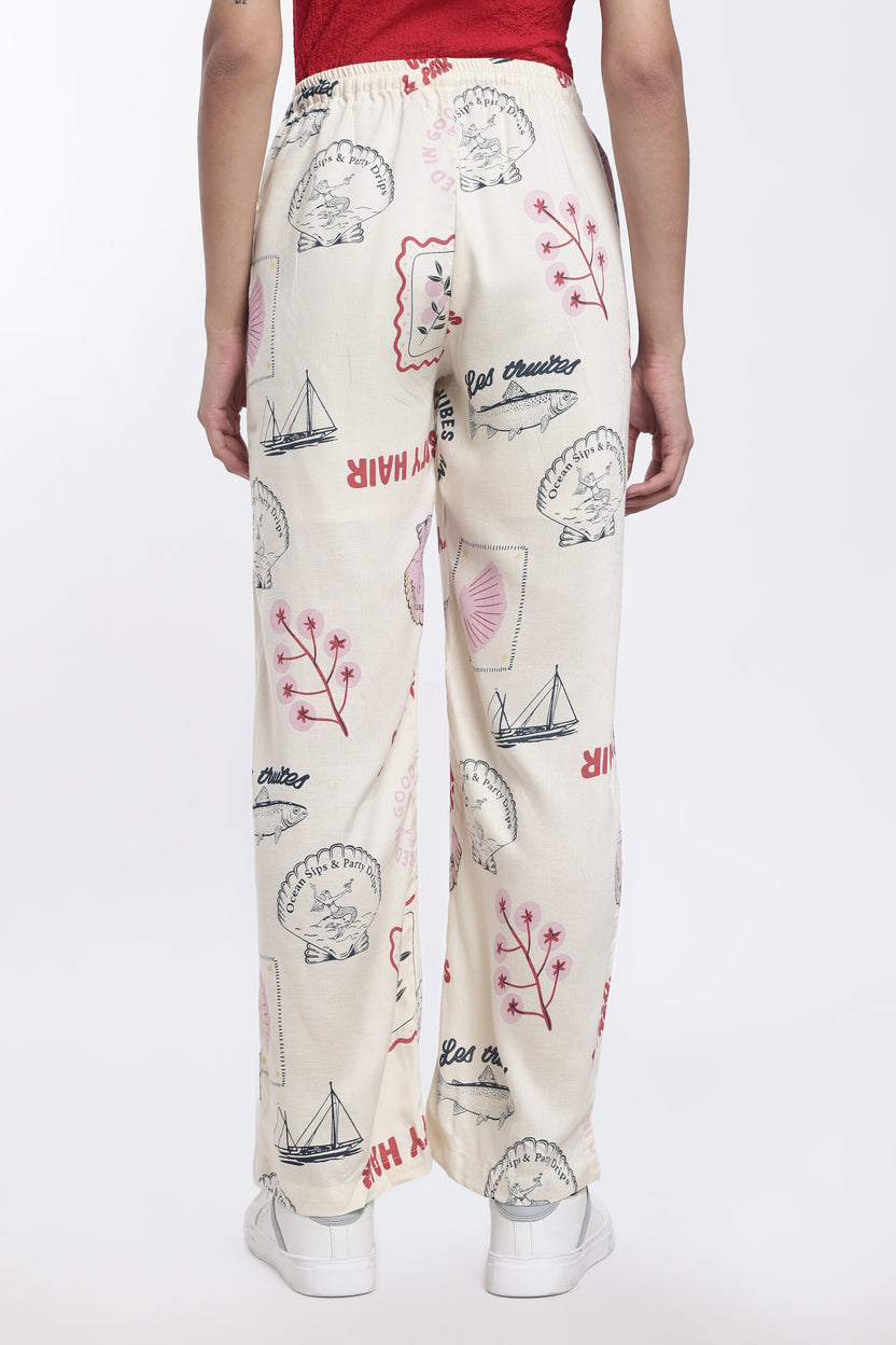 Cream Graphic Printed Regular Fit Trouser For Women - Image 5