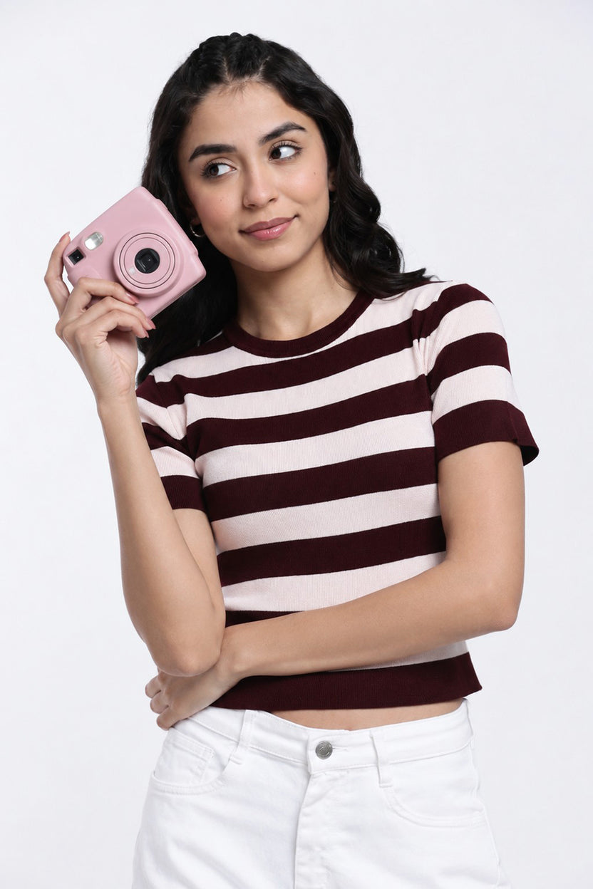 Red Striped Regular Fit Top for Women - Image 1