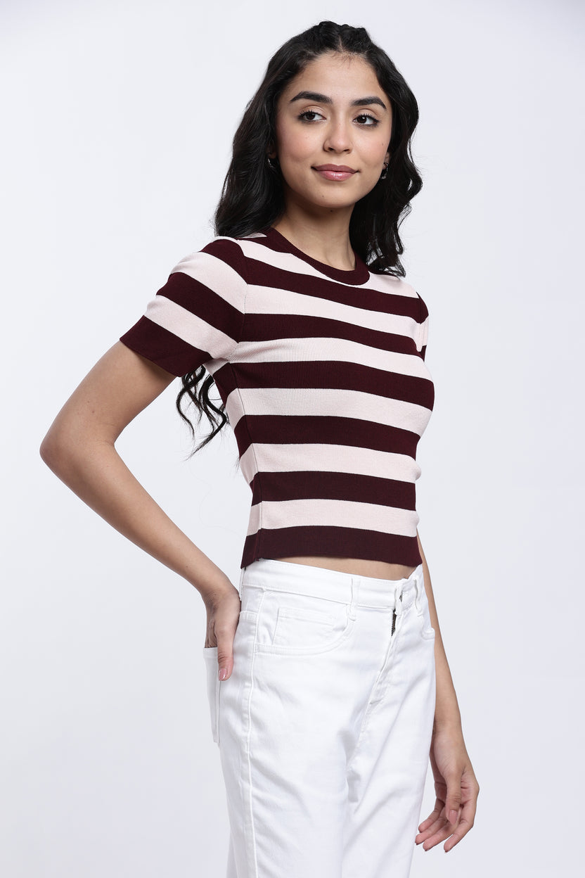 Red Striped Regular Fit Top for Women - Image 4