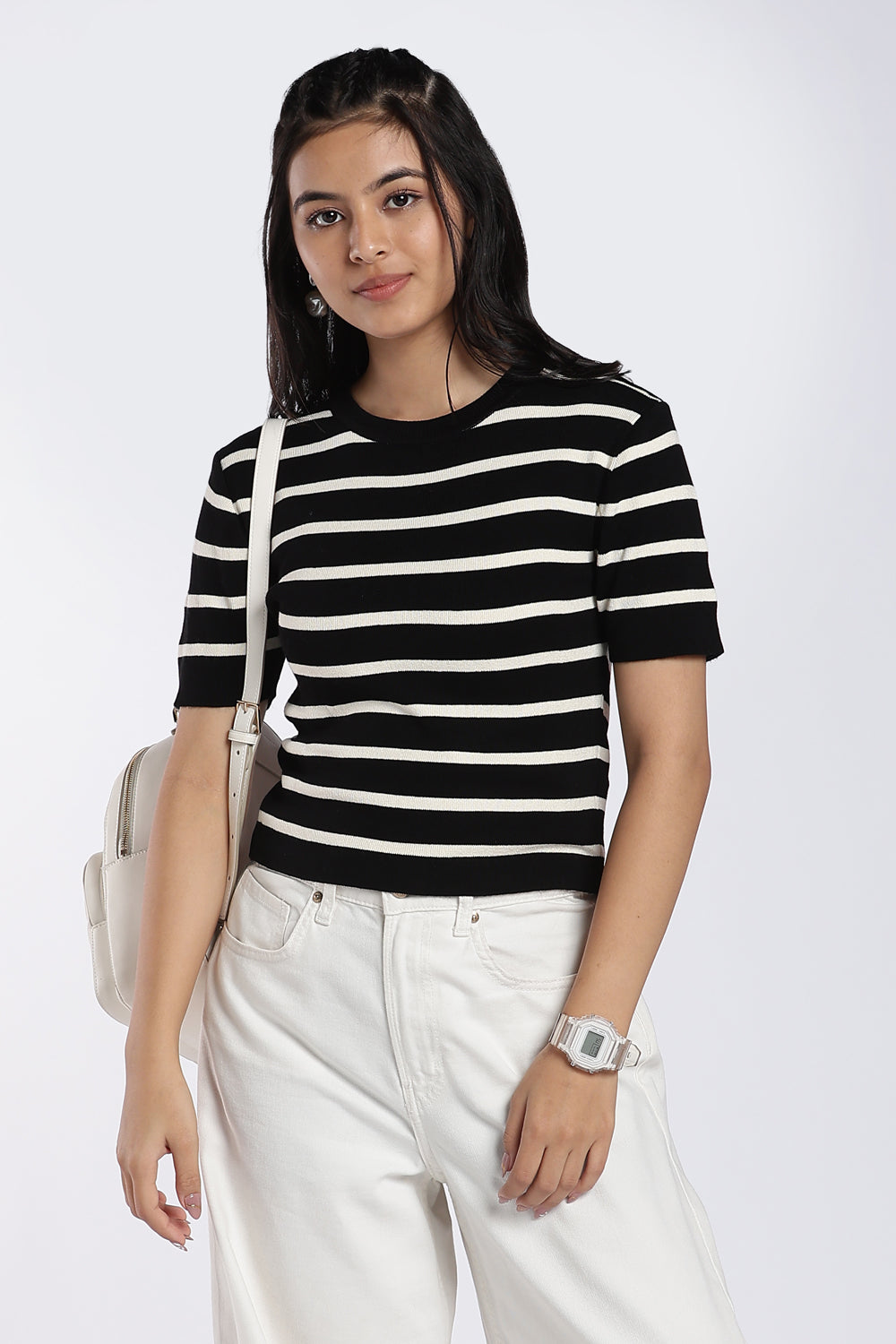 Black Striped Regular Fit Top for Women - Image 1