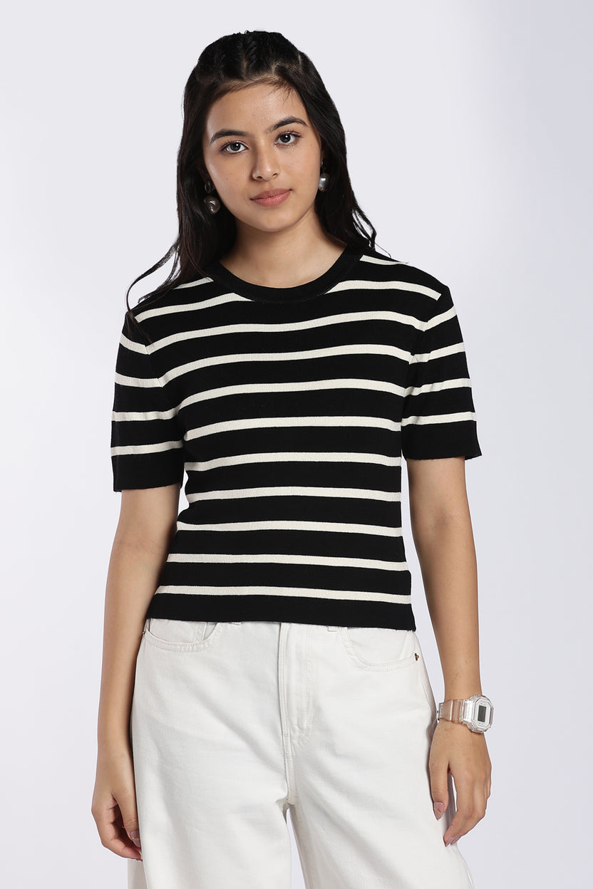 Black Striped Regular Fit Top for Women - Image 2