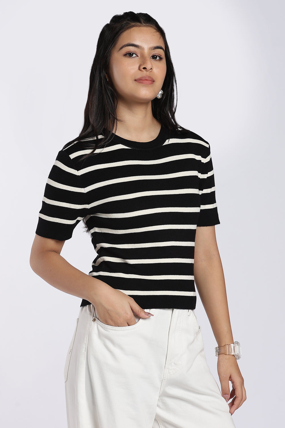 Black Striped Regular Fit Top for Women - Image 4