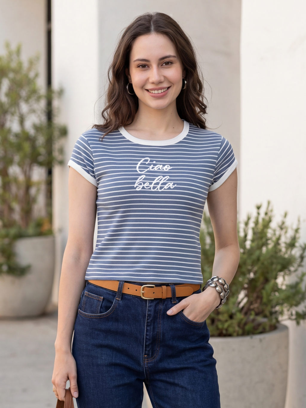 Blue Striped Regular Fit T-Shirt For Women - Image 1