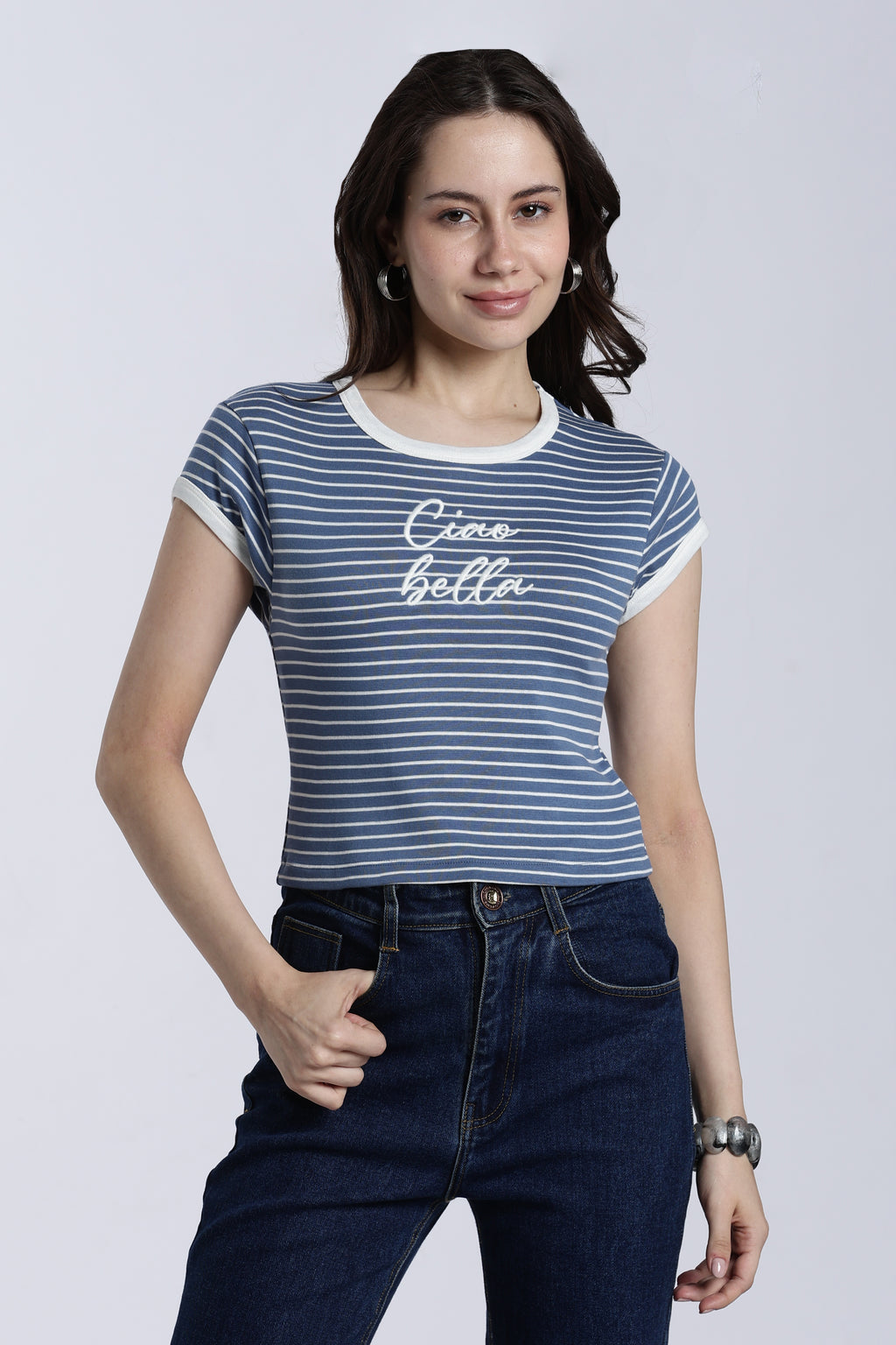 Blue Striped Regular Fit T-Shirt For Women - Image 2