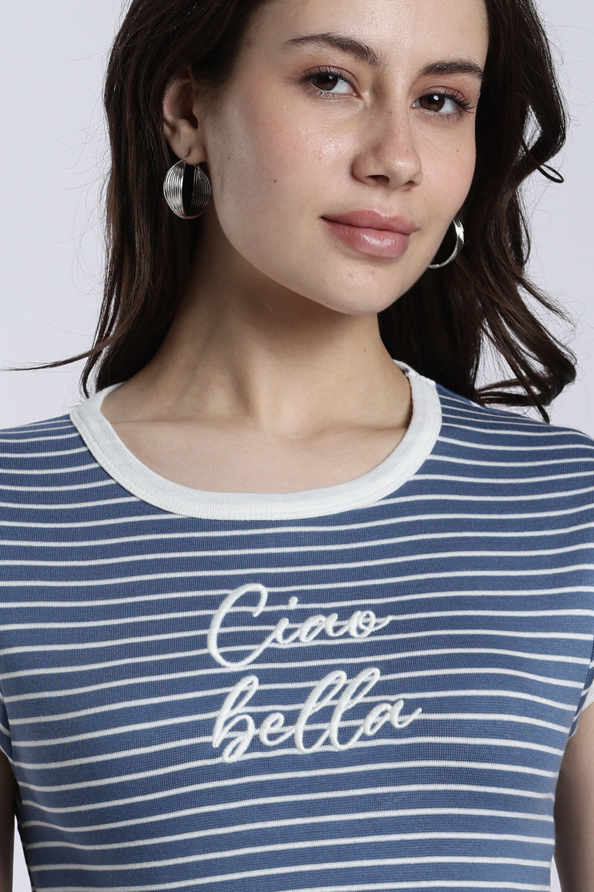 Blue Striped Regular Fit T-Shirt For Women - Image 3