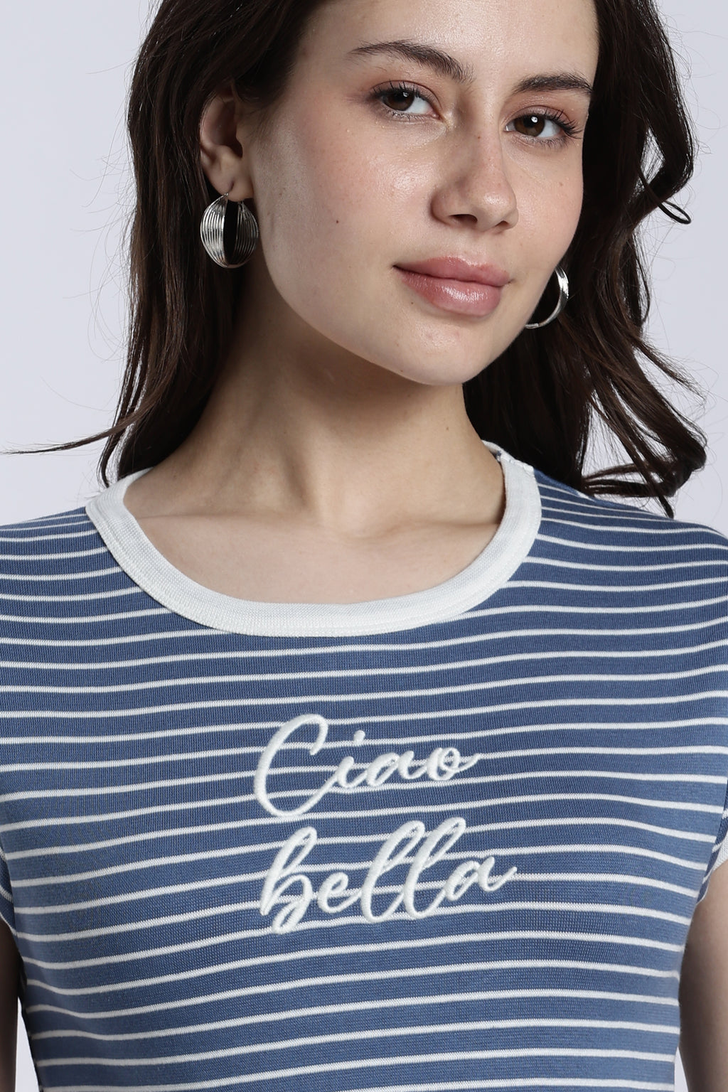 Blue Striped Regular Fit T-Shirt For Women - Image 3