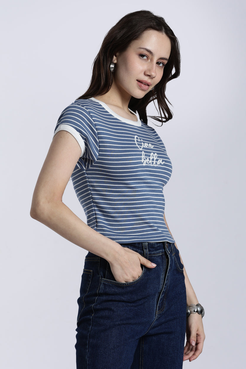 Blue Striped Regular Fit T-Shirt For Women - Image 4