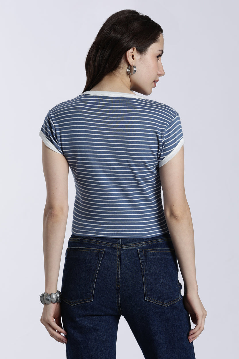 Blue Striped Regular Fit T-Shirt For Women - Image 5