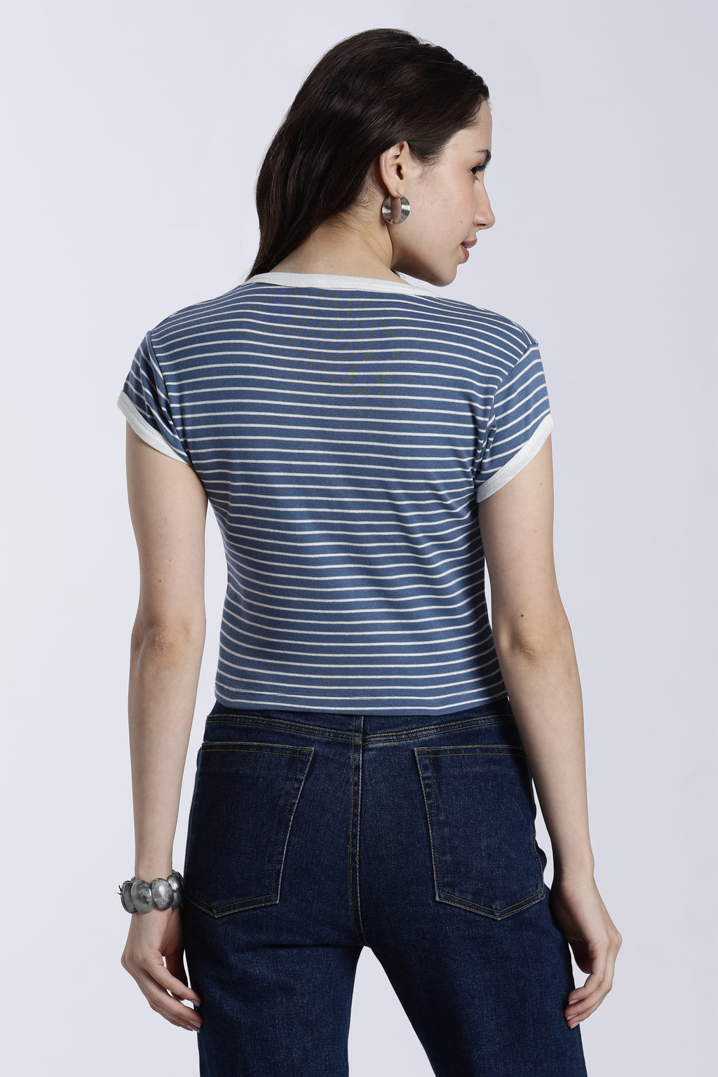 Blue Striped Regular Fit T-Shirt For Women - Image 5