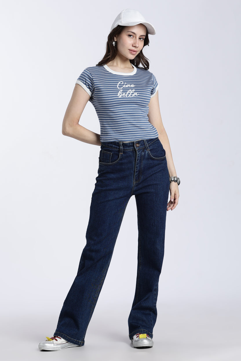 Blue Striped Regular Fit T-Shirt For Women - Image 6