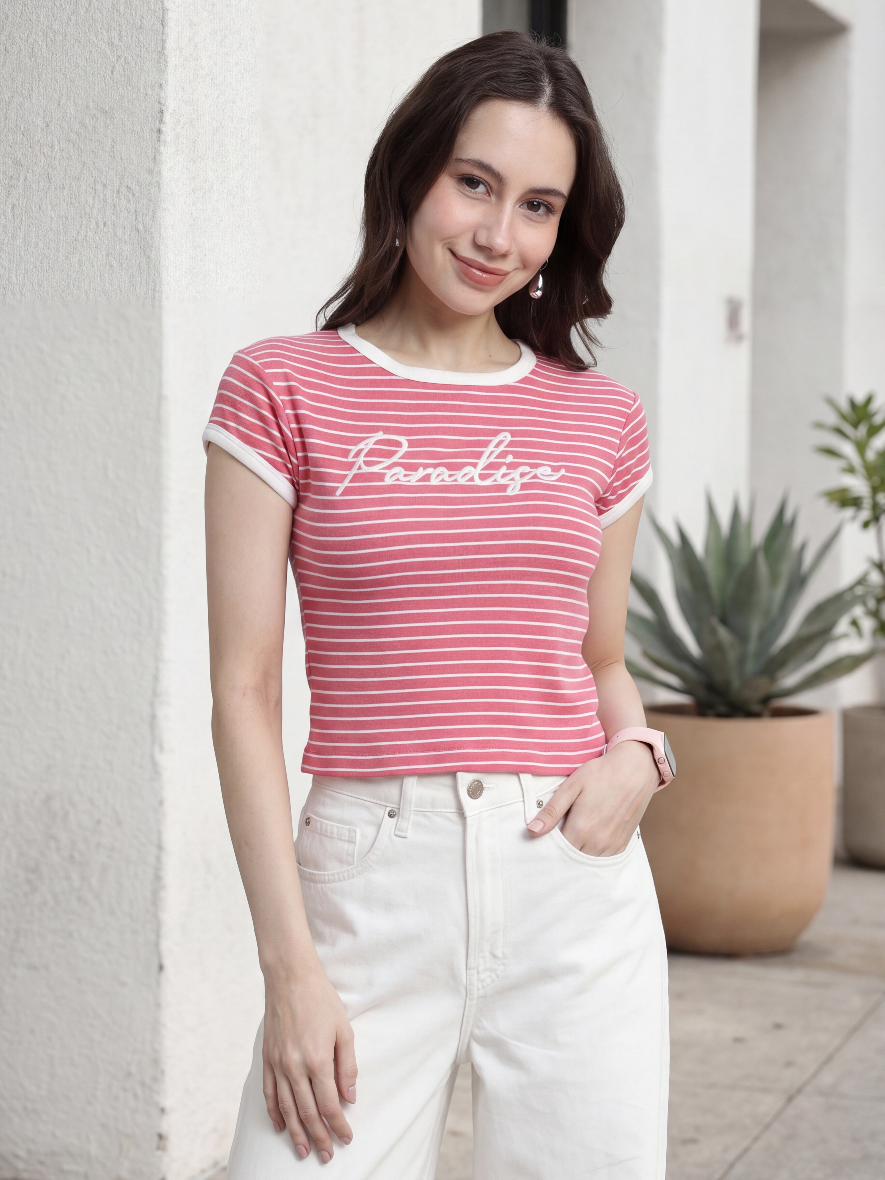 Coral Striped Regular Fit T-Shirt for Women - Image 1