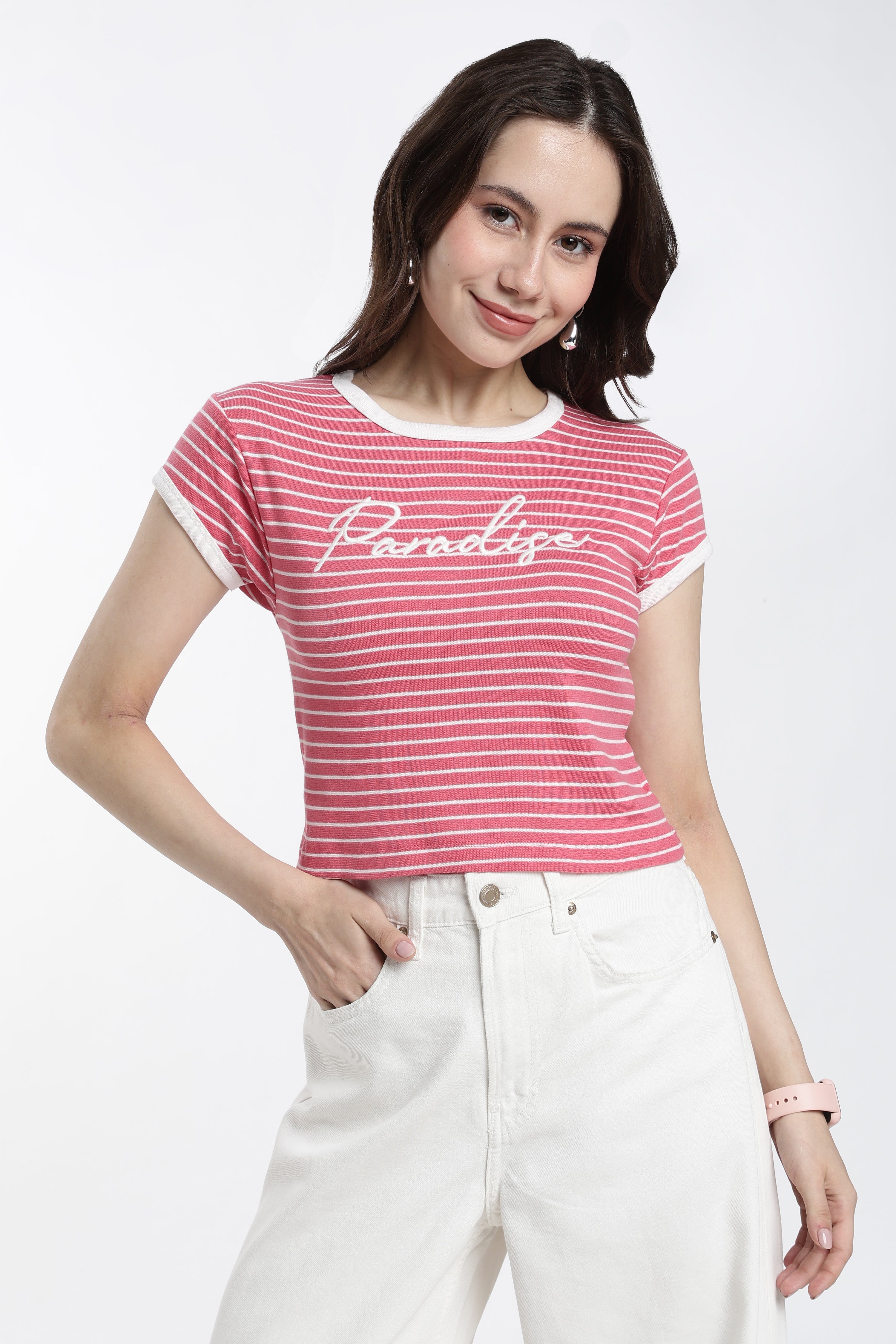 Coral Striped Regular Fit T-Shirt for Women - Image 2