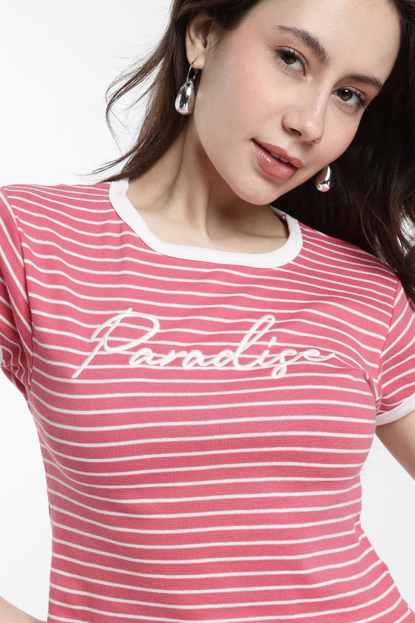 Coral Striped Regular Fit T-Shirt For Women - Image 3