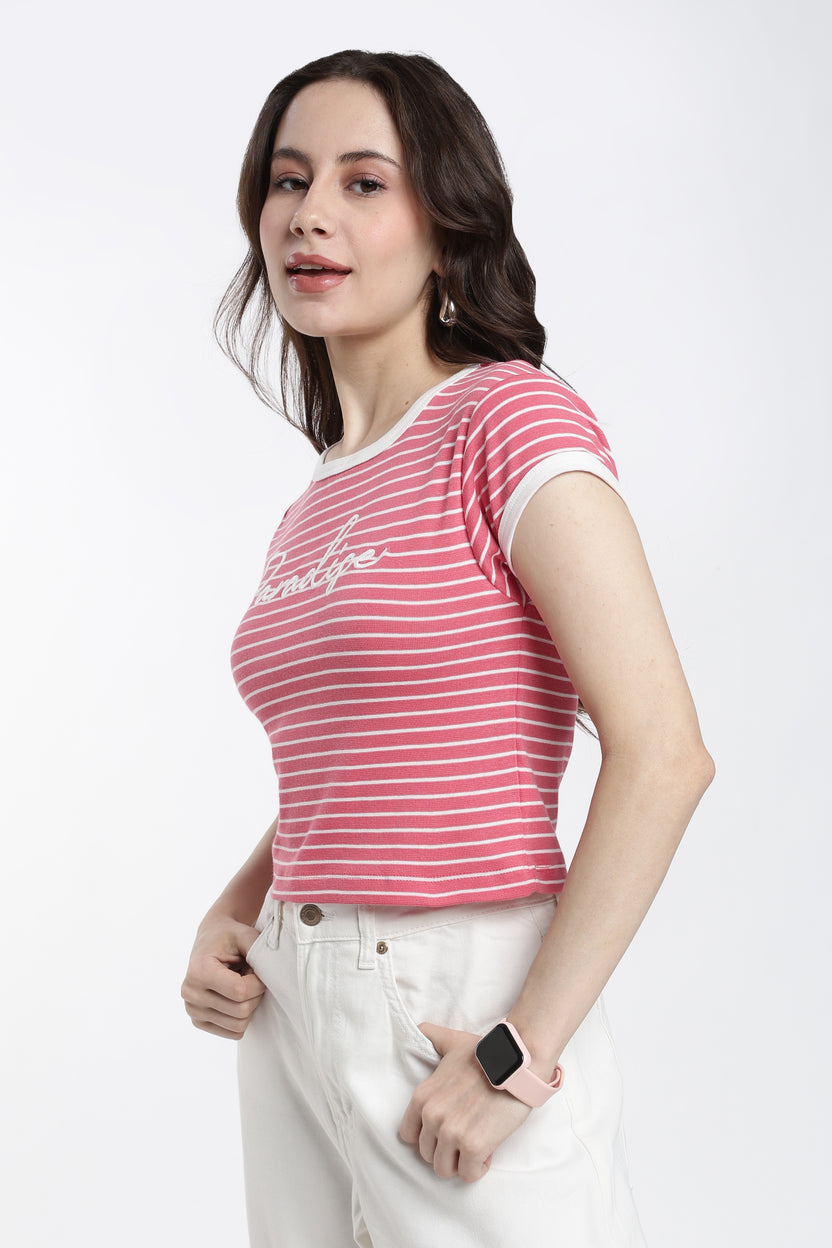 Coral Striped Regular Fit T-Shirt For Women - Image 4