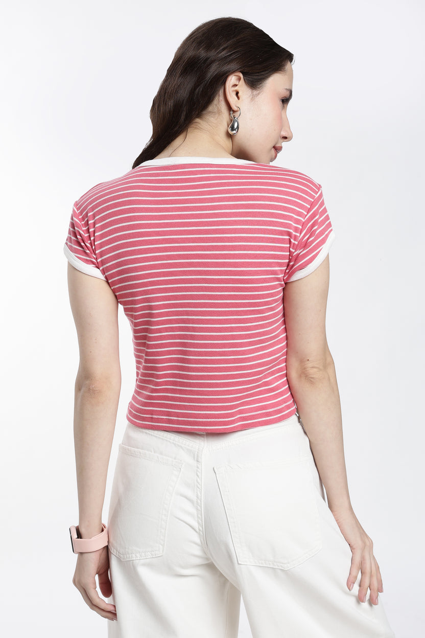 Coral Striped Regular Fit T-Shirt For Women - Image 5