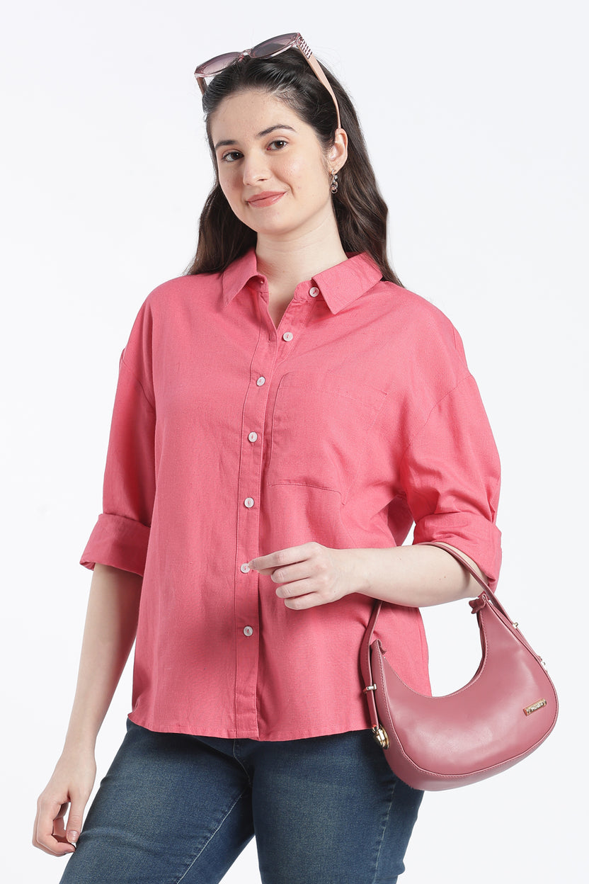 Coral Drop Shoulder Sleeves Regular Fit Shirt For Women - Image 1