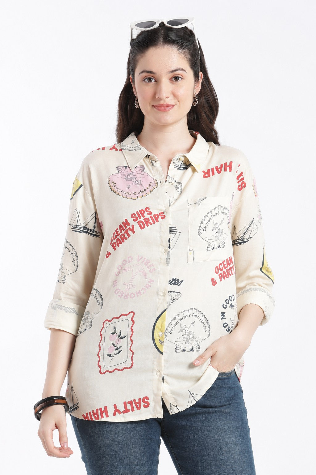 Cream Roll Up Sleeves Regular Fit Shirt For Women - Image 1
