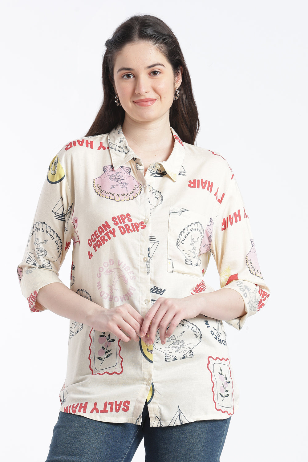 Cream Roll Up Sleeves Regular Fit Shirt For Women - Image 2