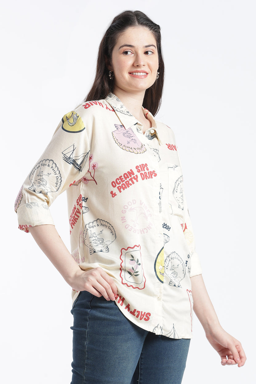 Cream Roll Up Sleeves Regular Fit Shirt For Women - Image 4