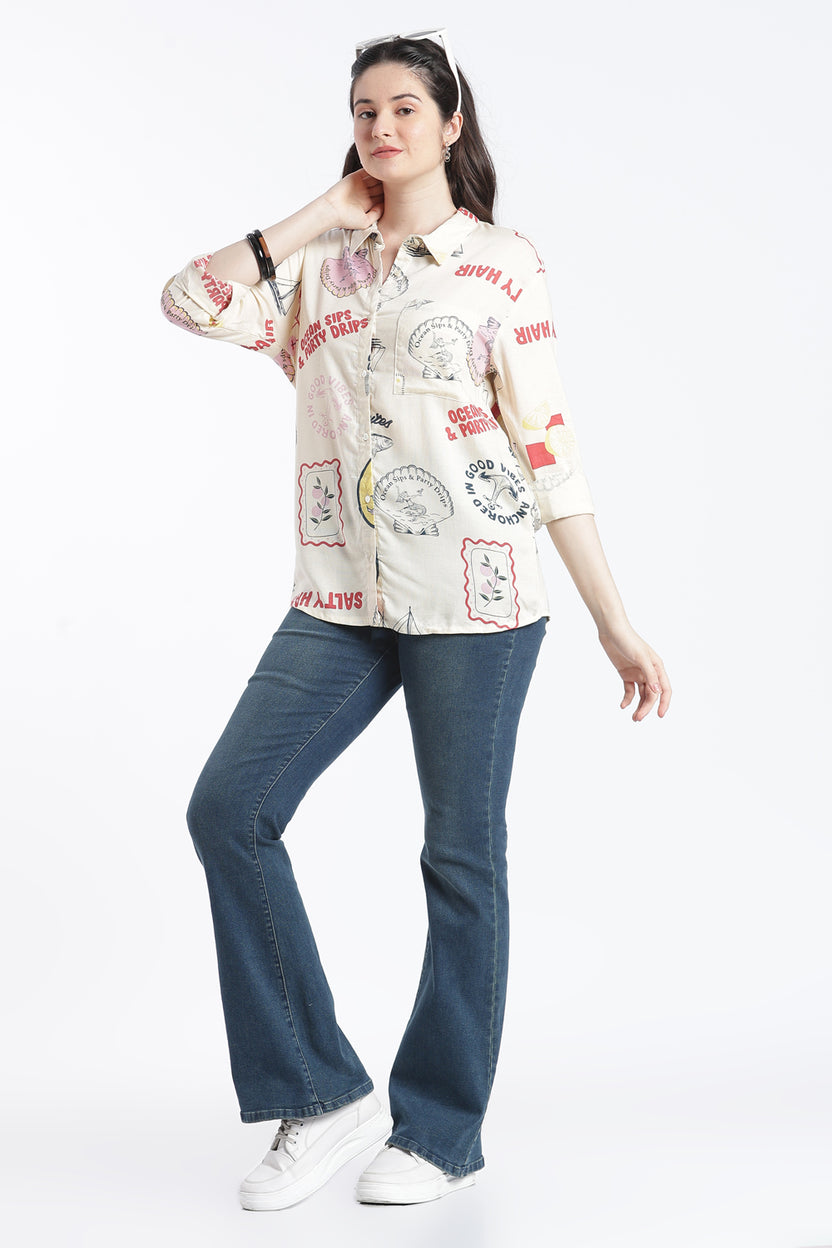Cream Roll Up Sleeves Regular Fit Shirt For Women - Image 6