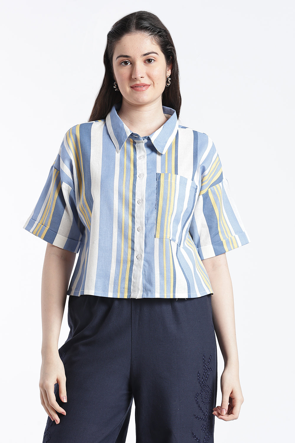 Blue Stripes Boxy Fit Shirt For Women - Image 2