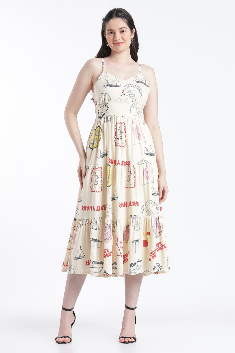 Cream Smocked Flared Fit Dress for Women - Image 2