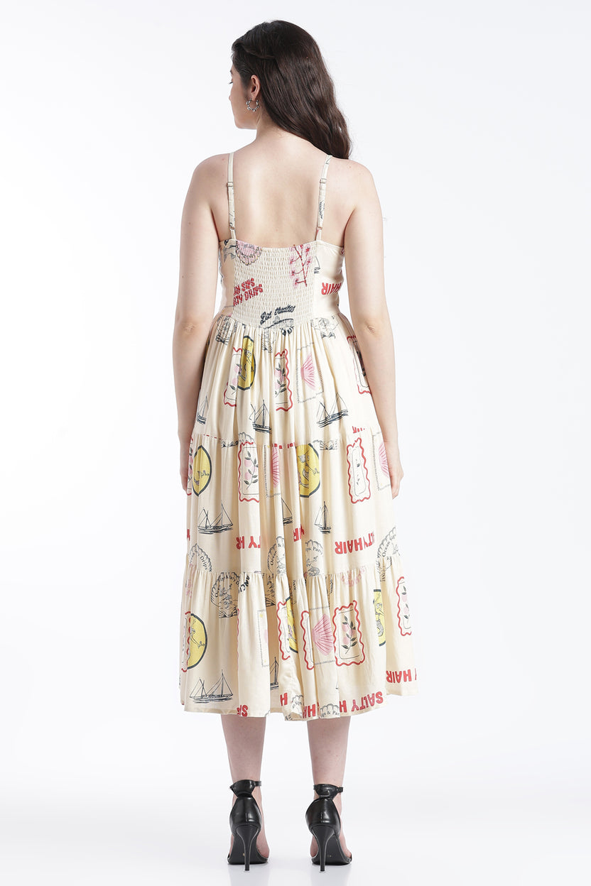 Cream Smocked Flared Fit Dress for Women - Image 5