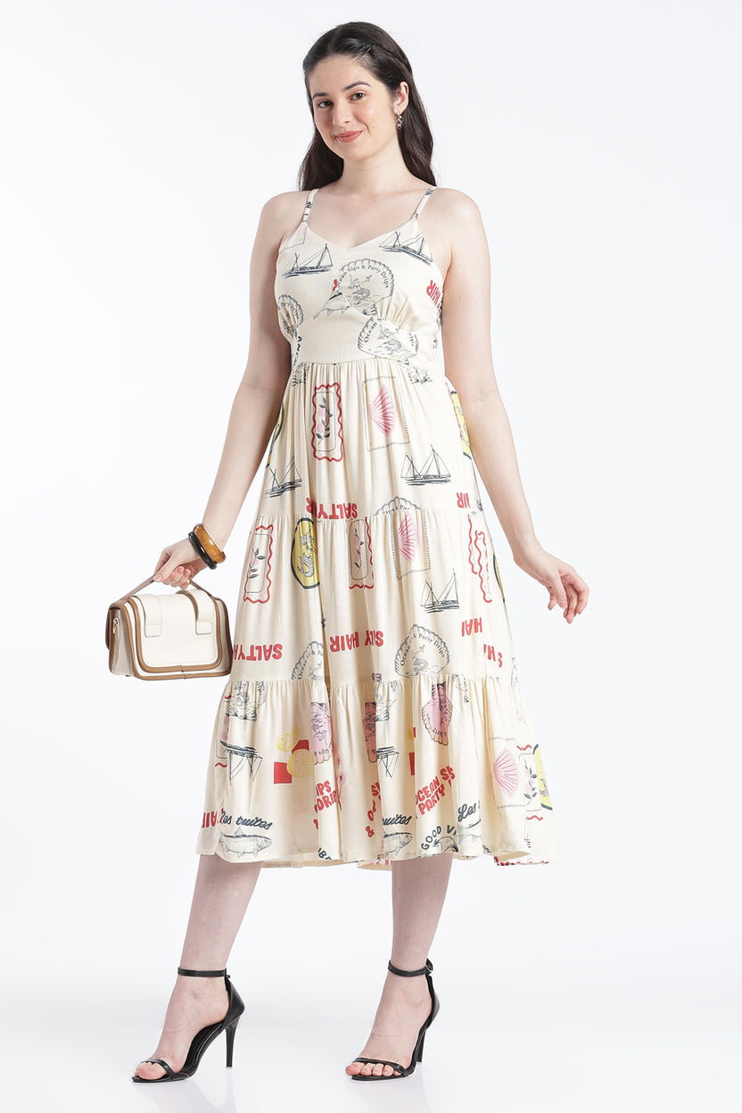 Cream Smocked Flared Fit Dress for Women - Image 6