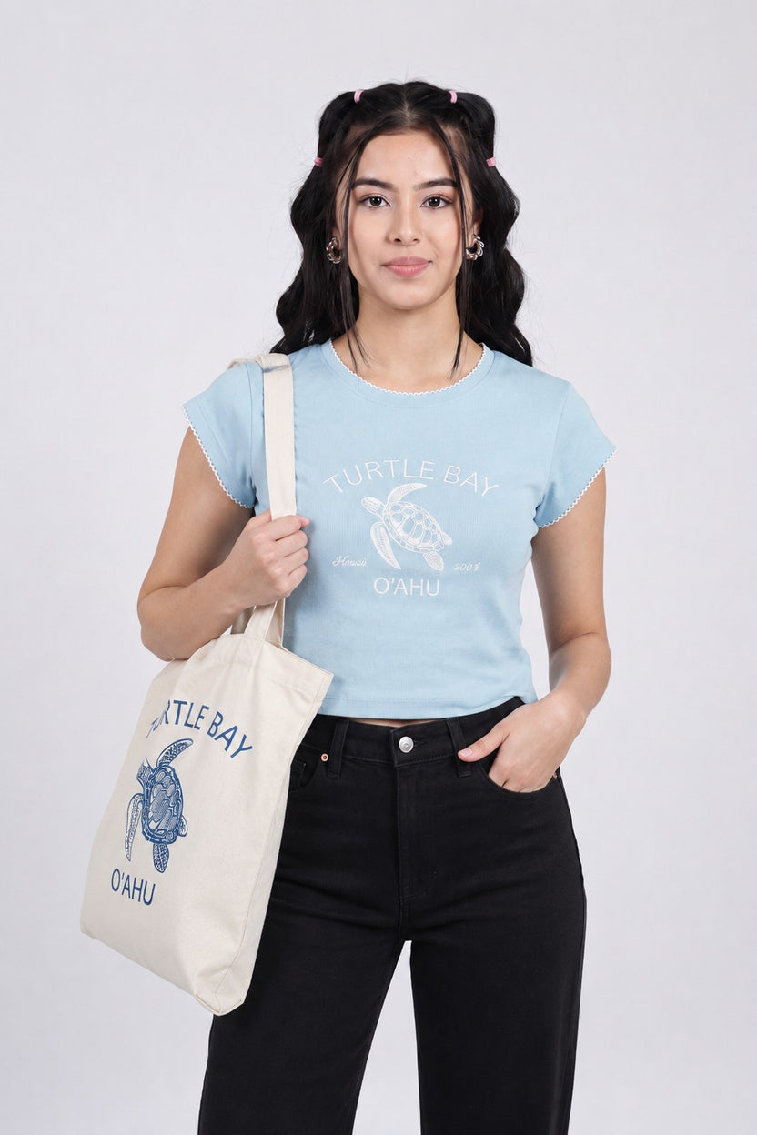 Light Blue Turtle Graphic Printed Crop T-Shirt for Women - Image 1