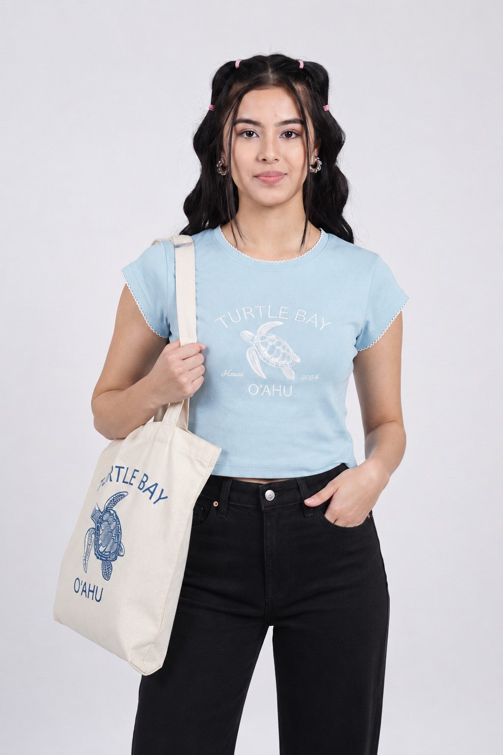 Light Blue Turtle Graphic Printed Crop T-Shirt for Women - Image 1