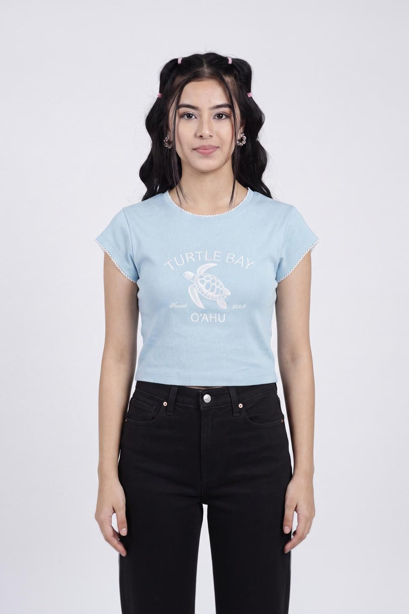Light Blue Turtle Graphic Printed Crop T-Shirt for Women - Image 2
