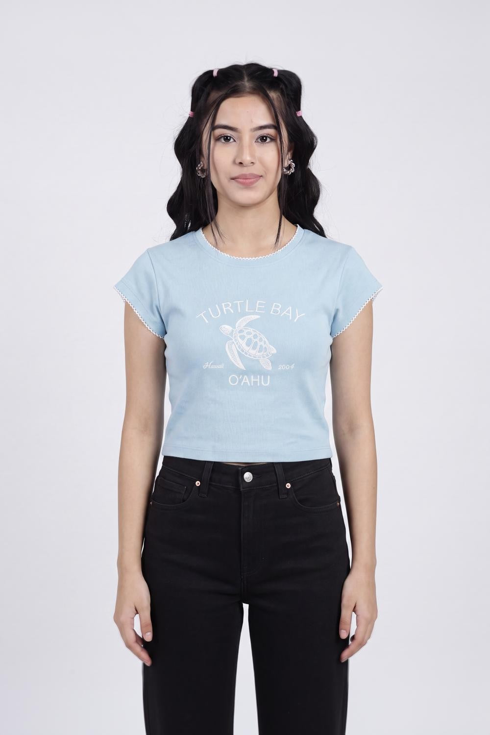 Light Blue Turtle Graphic Printed Crop T-Shirt for Women - Image 2