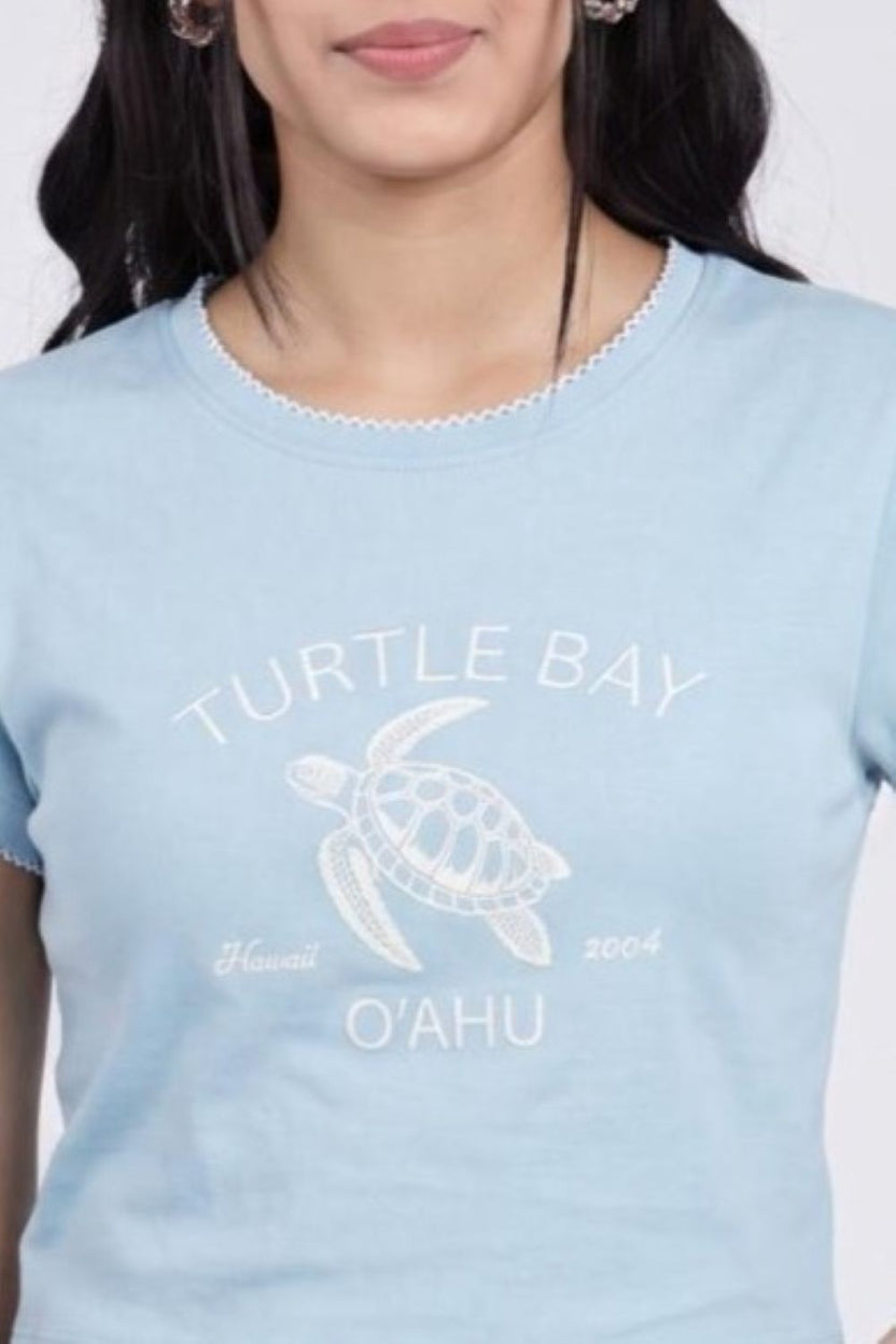 Light Blue Turtle Graphic Printed Crop T-Shirt for Women - Image 3